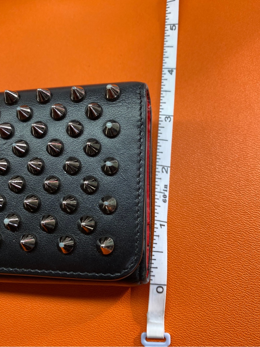 Christian Louboutin Black Leather Studded Compact Wallet with Red Zip Accent - Picture 16 of 16